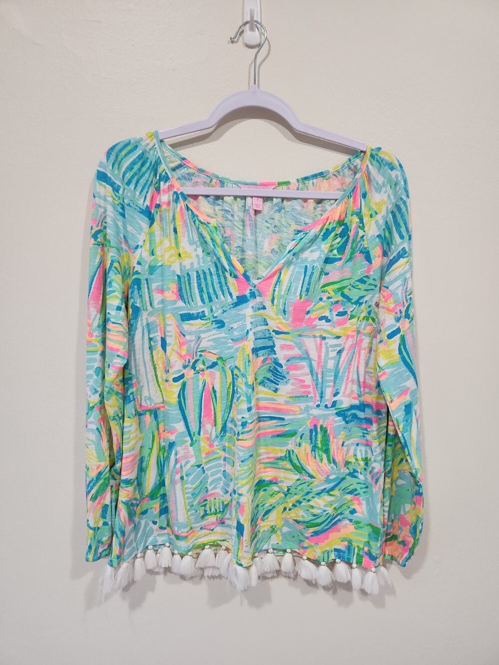 lilly pulitzer Linzy Top Women’s Tiki Pink Royal Lime Top Tassel Tunic S Beachy